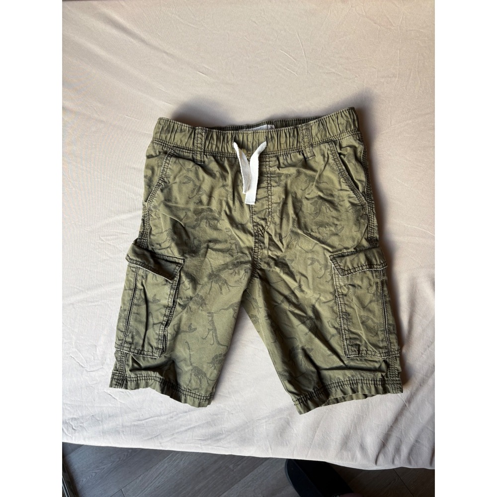 H&M L.O.G.G. Boys Green Dinosaur Skeleton Cargo Shorts Size 7-8Y Elastic Waist